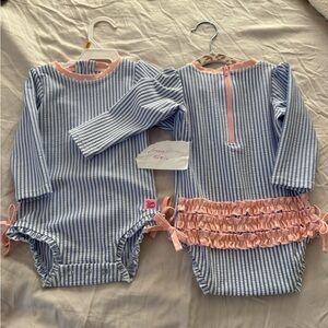 Ruffle Butts Blue & Pink Striped Ruffle Swim Set